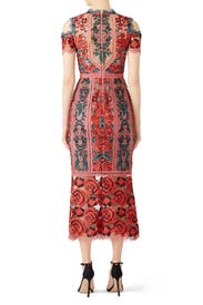 marchesa notte red floral lace dress