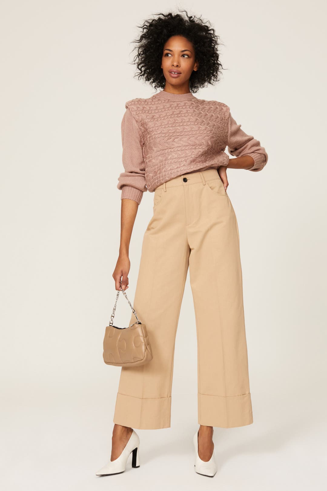 Cable Knit Shoulder Pad Sweater by 525 America Rent the Runway