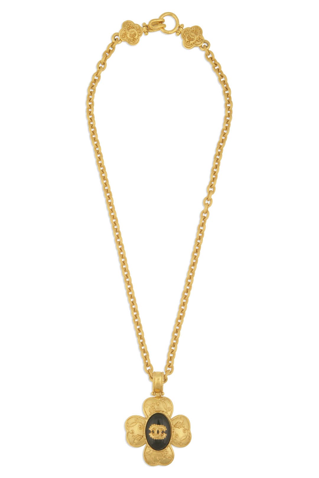 B Chanel Gold with White Ivory Brass Metal CC Clover Pendant Necklace ITALY  - Chanel | MyPrivateDressing