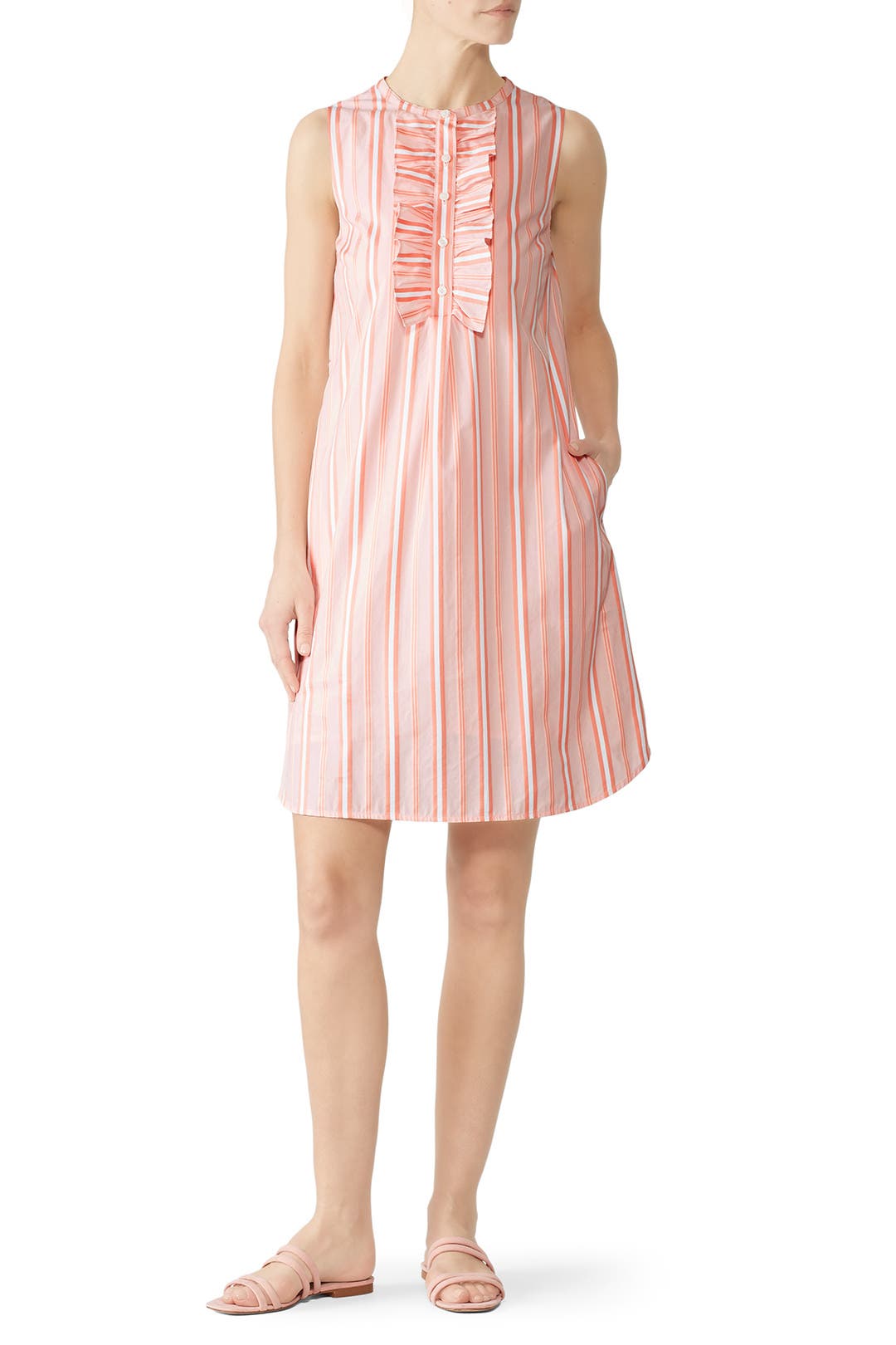 Striped Smocked Ruffle-Shoulder Sleeveless Dress