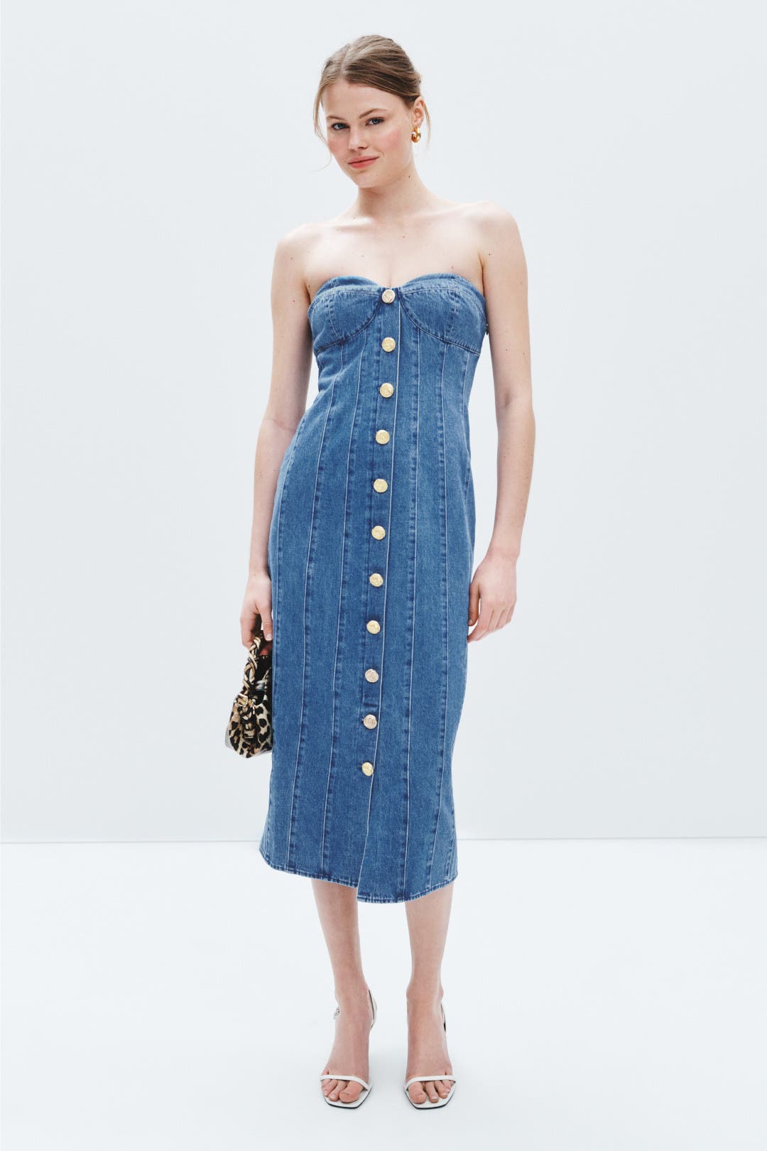 Retro Denim Button Down Midi Dress Strapless main image 1