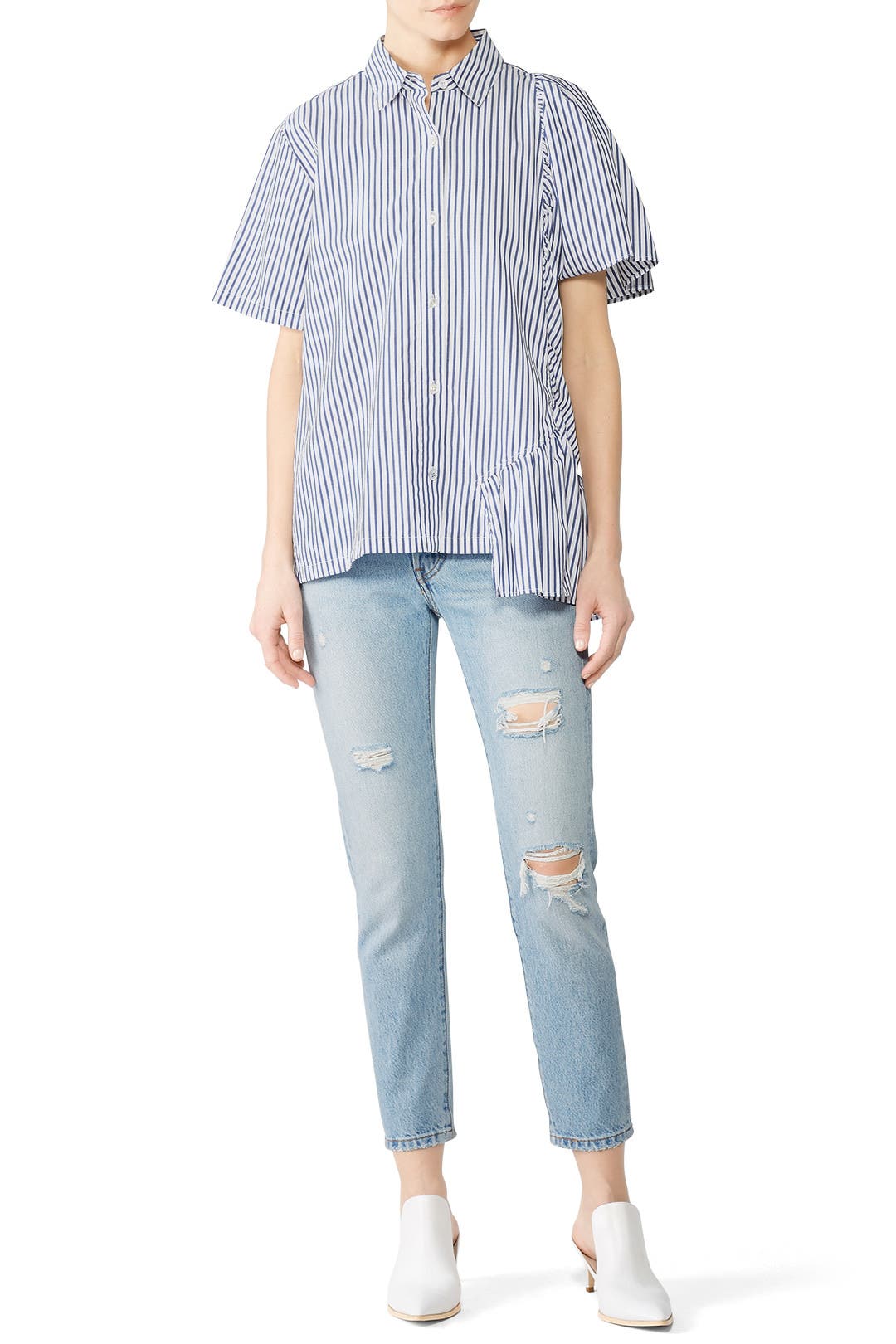 Ruffle Detail Lurex Stripe T-Shirt