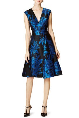 V-neck Floral Print Full-Skirt Acetate/Cotton/Nylon/Viscose Jacquard Cap Sleeves  Dress
