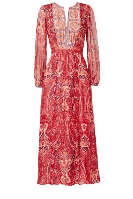 V-neck Chiffon/Silk General Print Long Sleeves Full-Skirt Slit Maxi Dress 