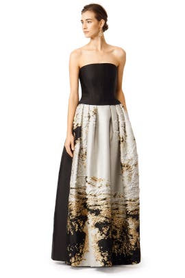 A-line Strapless Floor Length Cotton/Polyester/Silk Jacquard General Print  Dress with a Brush/Sweep Train 