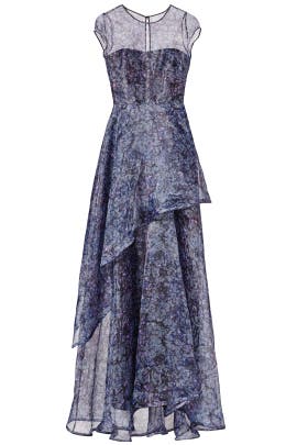 Full-Skirt Short Sleeves Floral Print  Keyhole Chiffon/Polyester  Dress With Ruffles