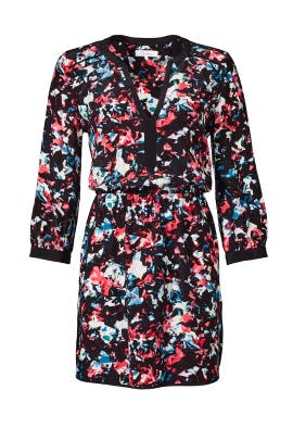 A-line V-neck Floral Print Silk 3/4 Sleeves Elasticized   Waistline  Shirt  Dress
