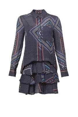 V-neck Long Sleeves Silk Shift Paisley  Shirt  Dress