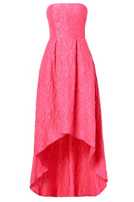 Strapless High-Low-Hem Floral Print Jacquard Full-Skirt Linen  Dress