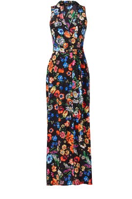 V-neck Notched Notched Collar Full-Skirt Silk Sleeveless Floral Print Maxi Dress 