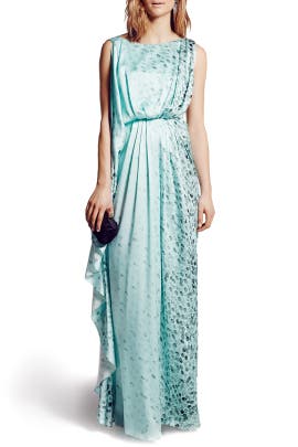 Draped Pleated Open-Back Bateau Neck Satin/Silk Sleeveless General Print Full-Skirt  Dress