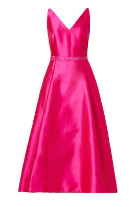 V-neck Belted Faille/Polyester Full-Skirt Sleeveless Plunging Neck  Dress