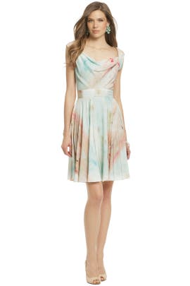 Silk General Print Full-Skirt Sleeveless Cowl Neck Party Dress 