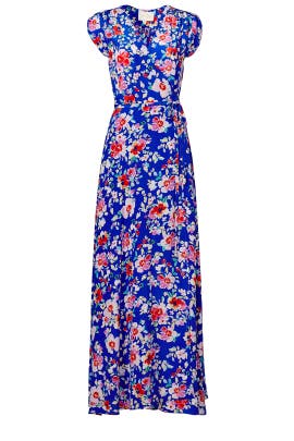 V-neck Lace-Up Floral Print Full-Skirt Silk Cap Sleeves Maxi Dress 