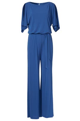 Bateau Neck Cutout Keyhole Jersey/Polyester Elasticized   Waistline Jumpsuit 