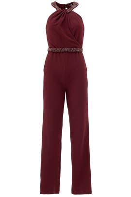 Halter Sleeveless Belted Crepe/Polyester Jumpsuit 