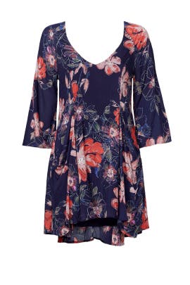 V-neck Floral Print Crepe/Rayon Full-Skirt  Dress
