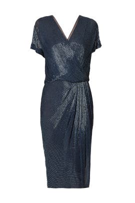 V-neck Chiffon/Silk Beaded Short Sleeves Shift  Shirt  Dress