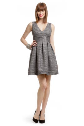 V-neck Metallic/Tweed Gathered Pleated Full-Skirt  Dress