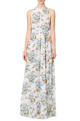 Floral Print Full-Skirt Flutter Sleeveless Chiffon/Polyester Maxi Dress 