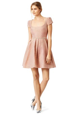 Beaded Pleated Open-Back Jacquard Cotton/Polyester/Silk Full-Skirt Scoop Neck Short Sleeves  Dress