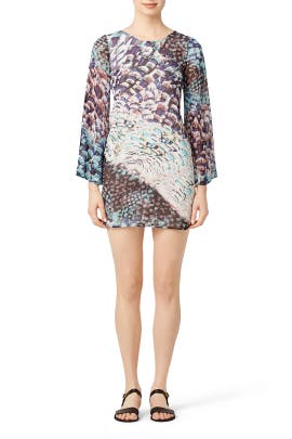 Bell Sleeves Silk General Print Lace-Up Feathers  Dress