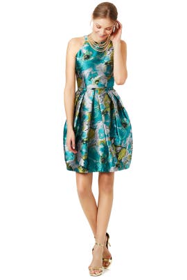 Floral Print Sleeveless Acetate/Metallic/Polyester Jacquard Full-Skirt  Dress