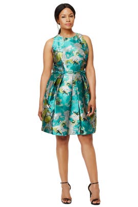 Floral Print Sleeveless Jacquard Acetate/Metallic/Polyester Full-Skirt  Dress