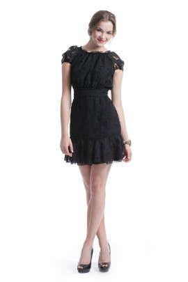 Bateau Neck Chiffon Full-Skirt Keyhole Lace  Short Sleeves  Dress With a Ribbon  and Ruffles