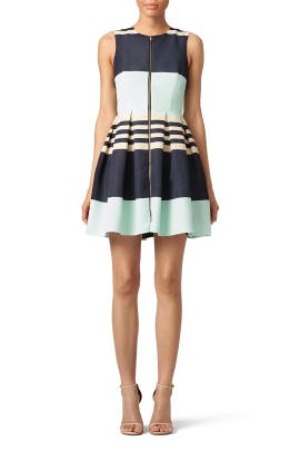 Full-Skirt Bateau Neck Crepe/Polyester Sleeveless Striped Print  Dress