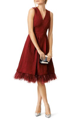 V-neck Cotton/Polyester/Tulle Feathers Jacquard Full-Skirt Flutter Sleeveless  Dress