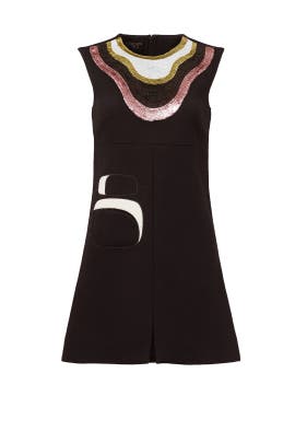 Sequined Applique Crepe/Wool Sheath Sleeveless  Dress