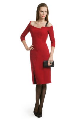 Asymmetric Off the Shoulder Elastane/Leather/Wool  Dress