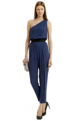 One Shoulder Sleeveless Belted Acetate/Crepe/Rayon Jumpsuit 