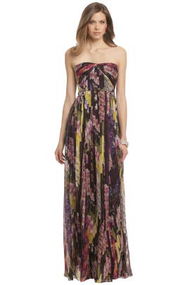 Strapless Floral Print Beaded Silk Full-Skirt  Dress