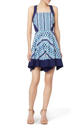 Square Neck Full-Skirt Acetate/Faille/Nylon/Silk/Spandex Sleeveless Geometric Print  Dress