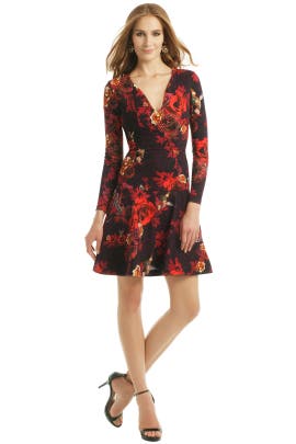 General Print Cotton/Crepe/Elastane Jeweled Full-Skirt Long Sleeves  Dress