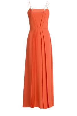 V-neck Acetate/Crepe/Viscose Pleated Slit Full-Skirt Sleeveless Spaghetti Strap  Dress