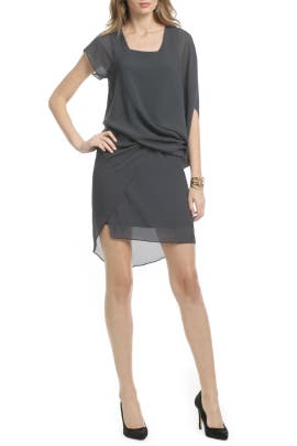 Sheer Draped Crepe/Polyester/Silk/Spandex Square Neck Short Sleeves  Dress