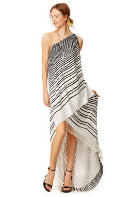 One Shoulder Sleeveless Striped Print Draped Asymmetric Crepe/Polyester Maxi Dress 