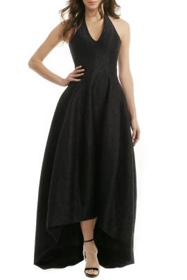 High-Low-Hem Polyester Full-Skirt Halter Sleeveless Jacquard Open-Back  Dress
