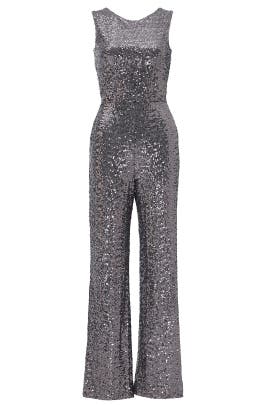 Nylon Bateau Neck Mesh Draped Sequined Sleeveless Jumpsuit 