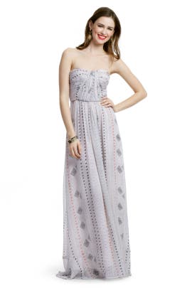 Strapless General Print Silk Pleated Ruched Maxi Dress 