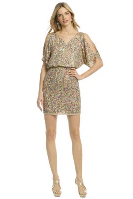 V-neck Crepe/Polyester Short Sleeves Elasticized   Waistline Sequined  Dress