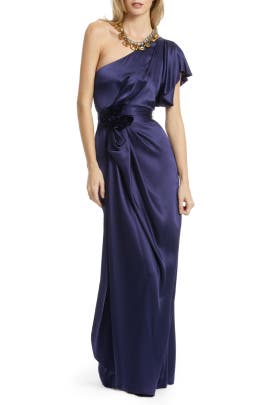 Charmeuse/Satin/Silk Belted Floral Print Flutter One Shoulder  Dress