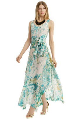 V-neck Asymmetric Belted Slit Sleeveless Crepe/Silk/Viscose Floral Print Maxi Dress  With a Sash 