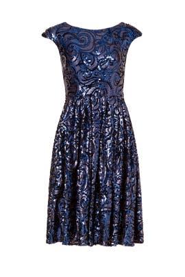 Sequined Mesh Cap Sleeves Full-Skirt Bateau Neck Polyester  Dress