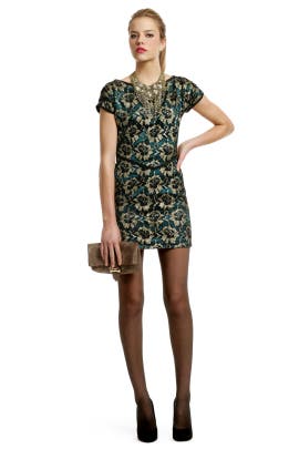 Short Sleeves Metallic Floral Print Lace  Dress
