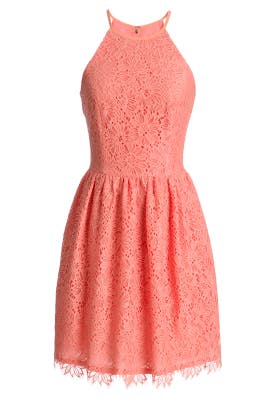 Halter Sleeveless Lace Cotton/Nylon Full-Skirt  Dress