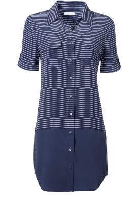 V-neck Colorblocking Silk Shift Short Sleeves Striped Print  Shirt  Dress